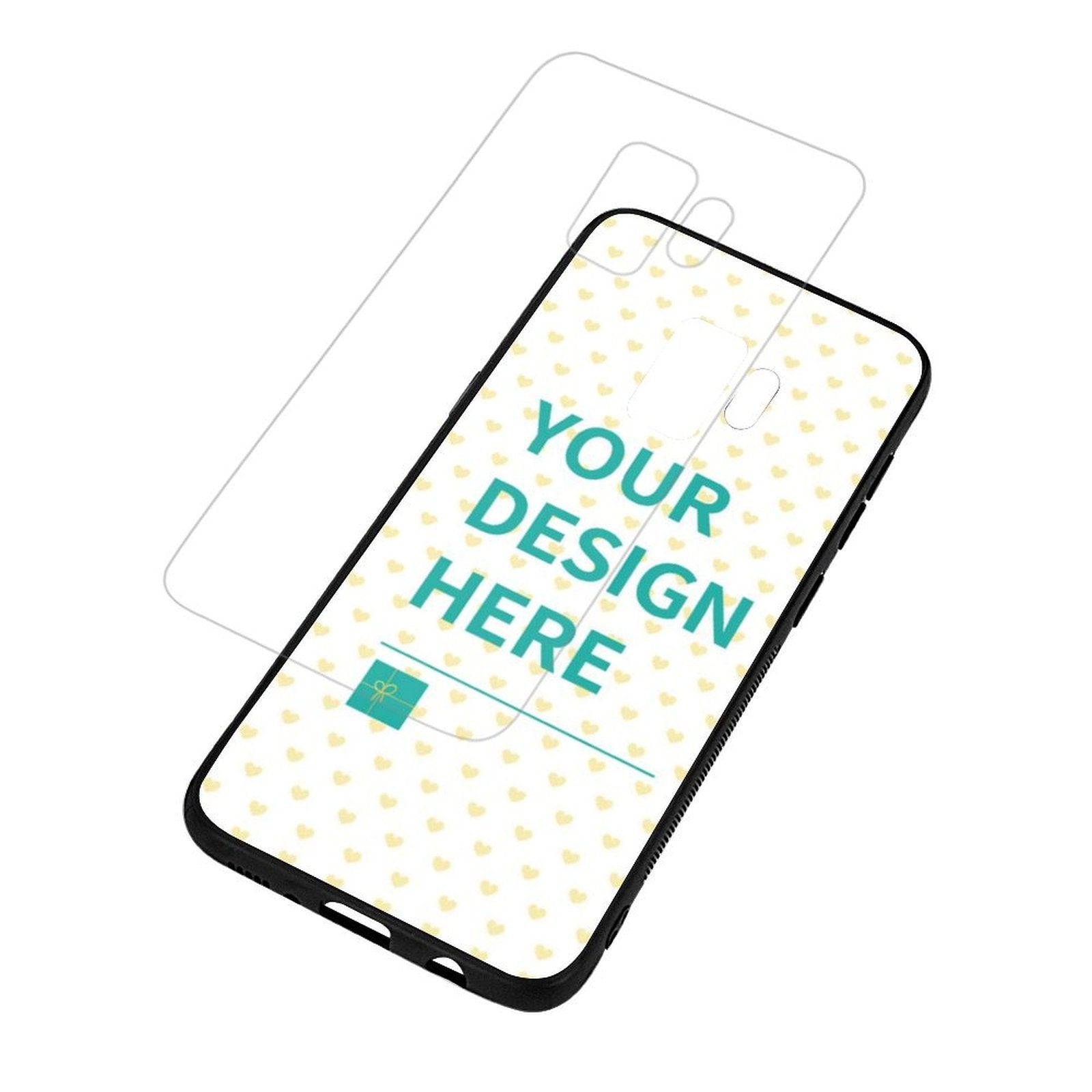 Custom Samsung Galaxy S9 Case with 'YOUR DESIGN HERE' and heart pattern, anti-scratch protection