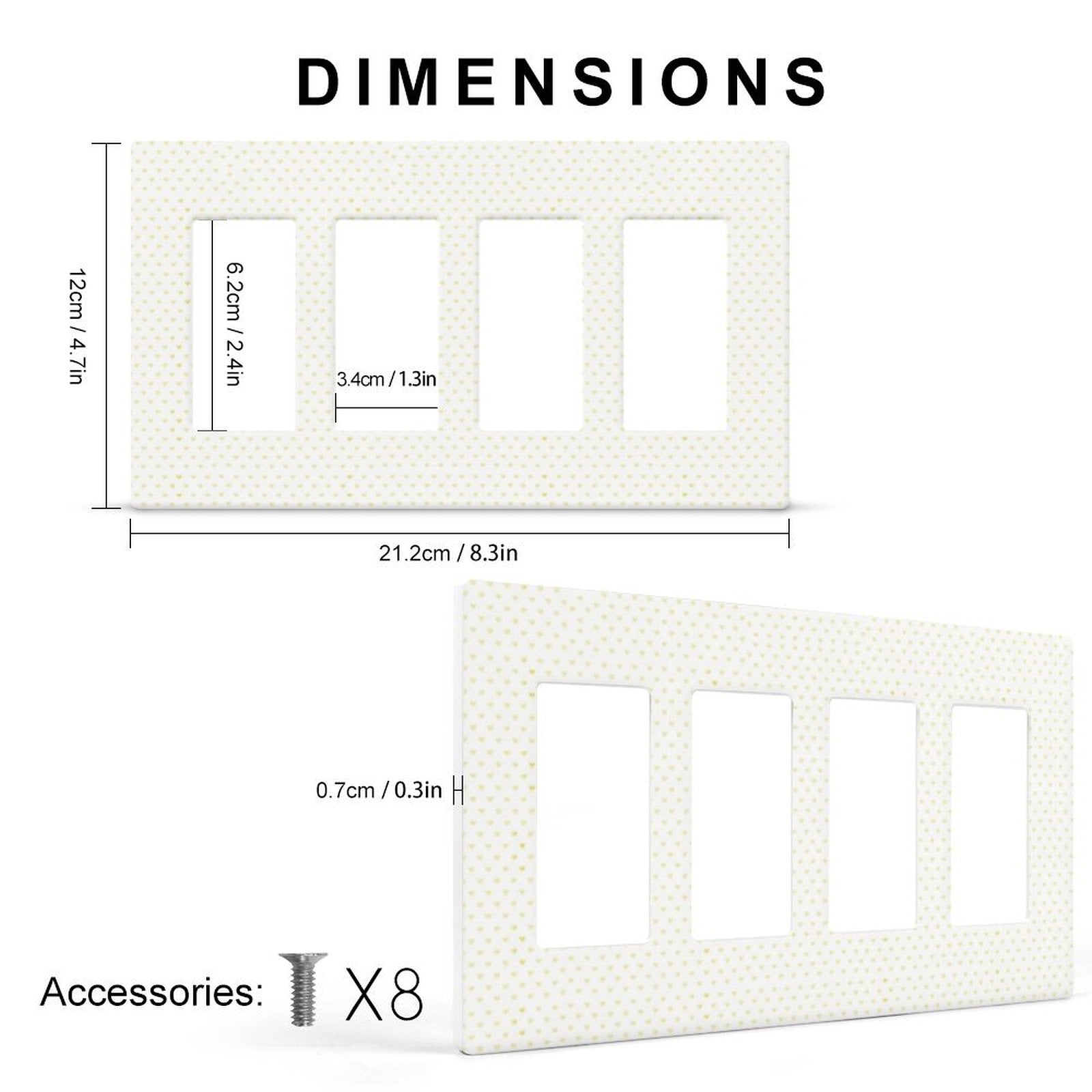 Custom PC light switch plate cover with dimensions. Four-gang wall plate with yellow heart pattern for home decor.