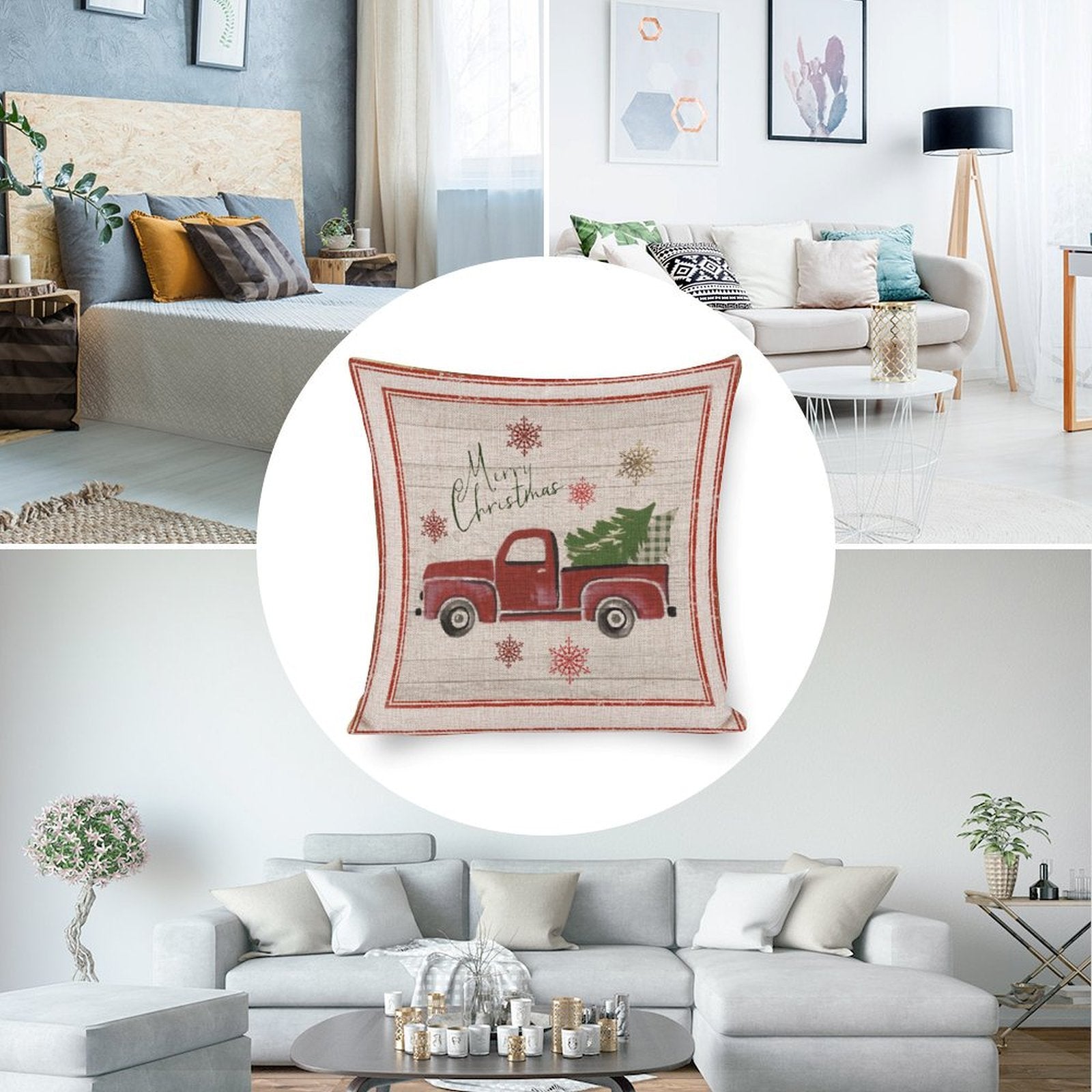Cotton linen Christmas pillow cover with red truck and Christmas tree, holiday home decor, Merry Christmas