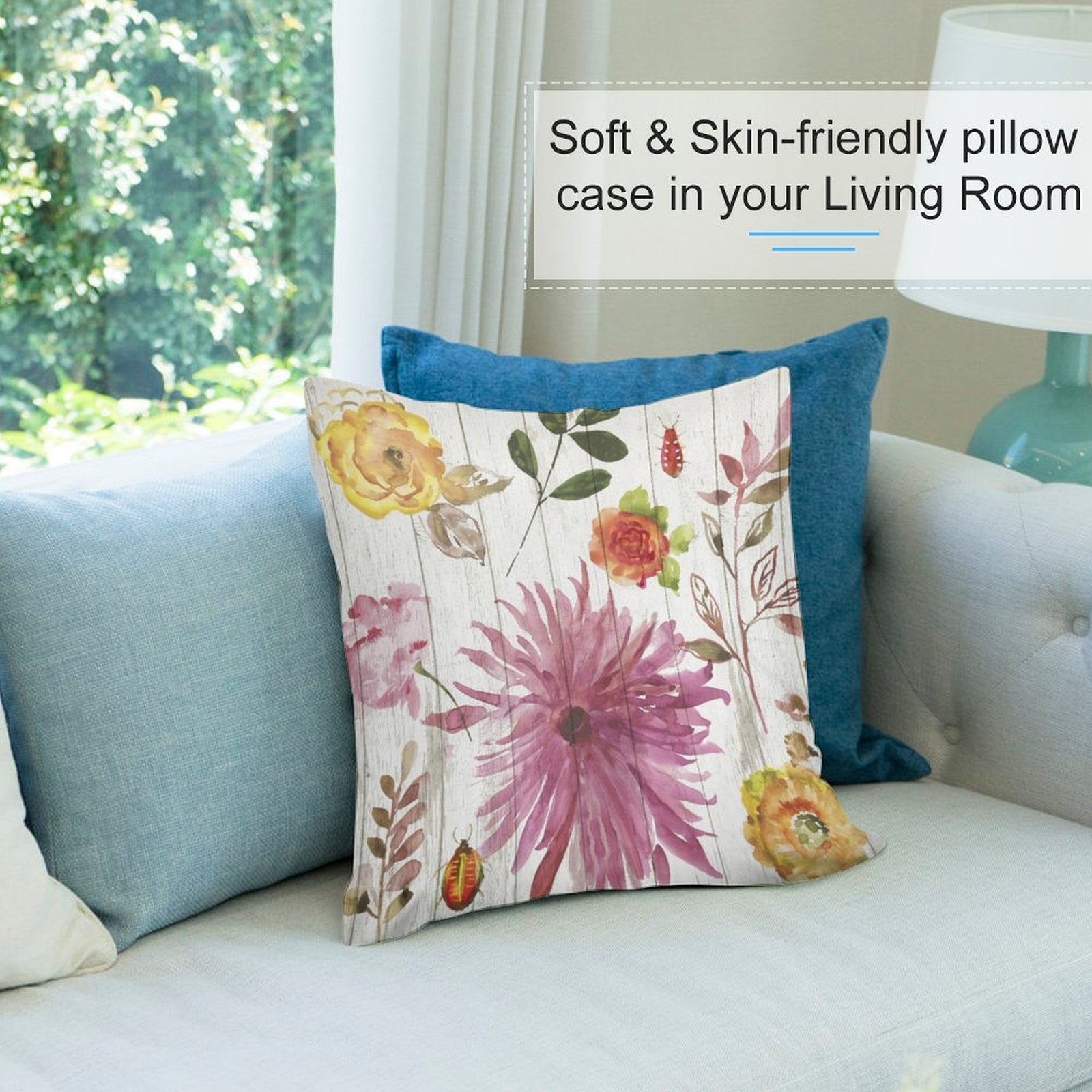 Soft plush pillow cover with watercolor floral design in living room decor.