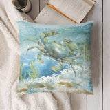 Crab watercolor art plush pillow cover on white fluffy blanket. Soft decorative pillow for sofa, living room. Coastal design.
