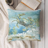 Watercolor crab pillow cover on soft plush fabric. Coastal decor with aquatic art for sofa or bed.