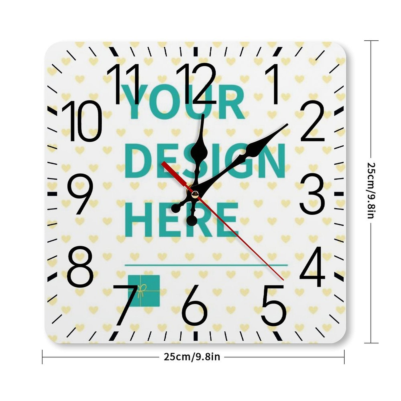 Customizable square wall clock with 'YOUR DESIGN HERE' text; perfect for home decor, available at MyArtsyGift.