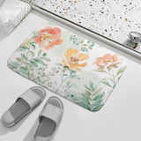 Coral velvet bath rug with watercolor floral design, non-slip for bathroom and kitchen.