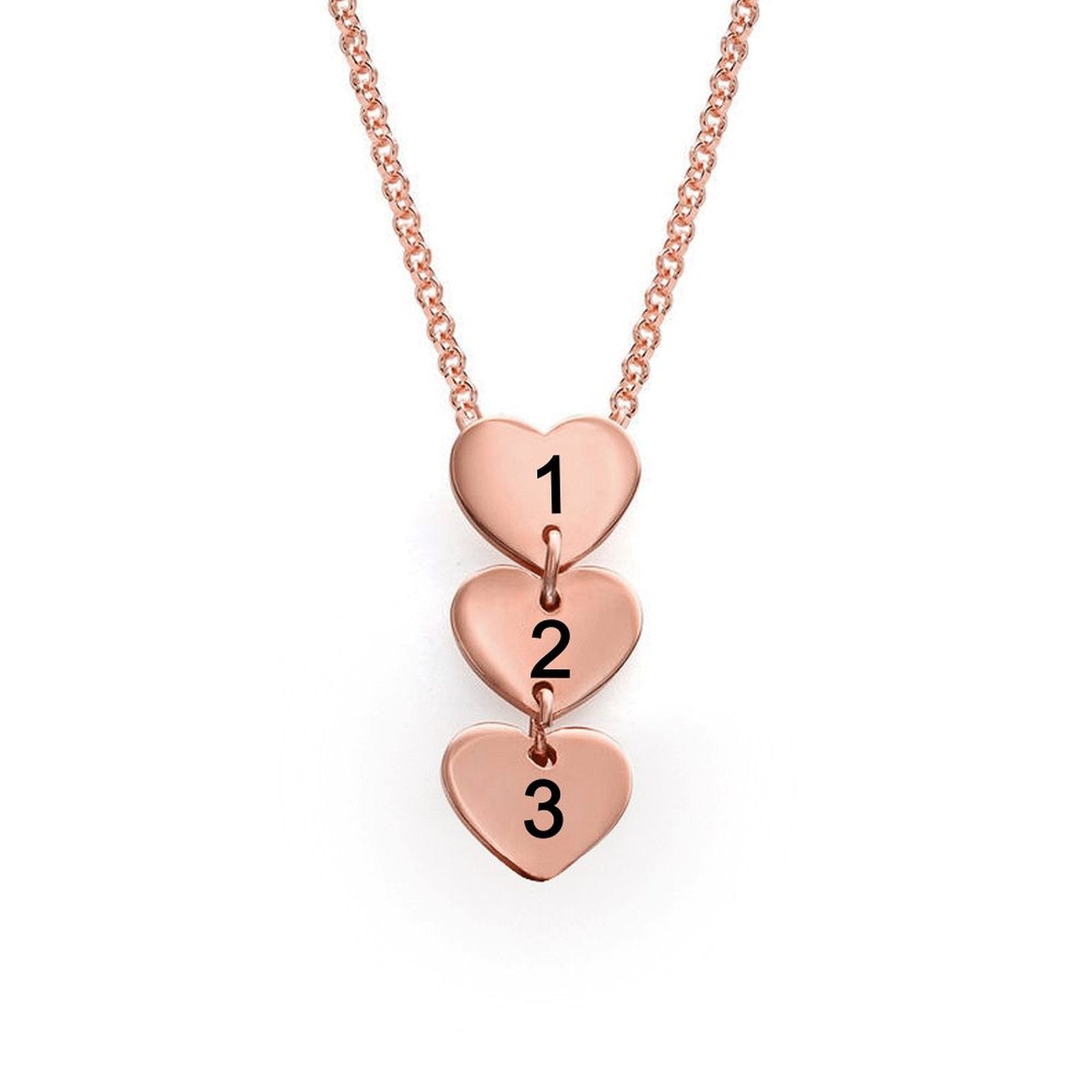 Rose gold heart pendant necklace with numbers 1, 2, 3. Personalized chain necklace for women from MyArtsyGift