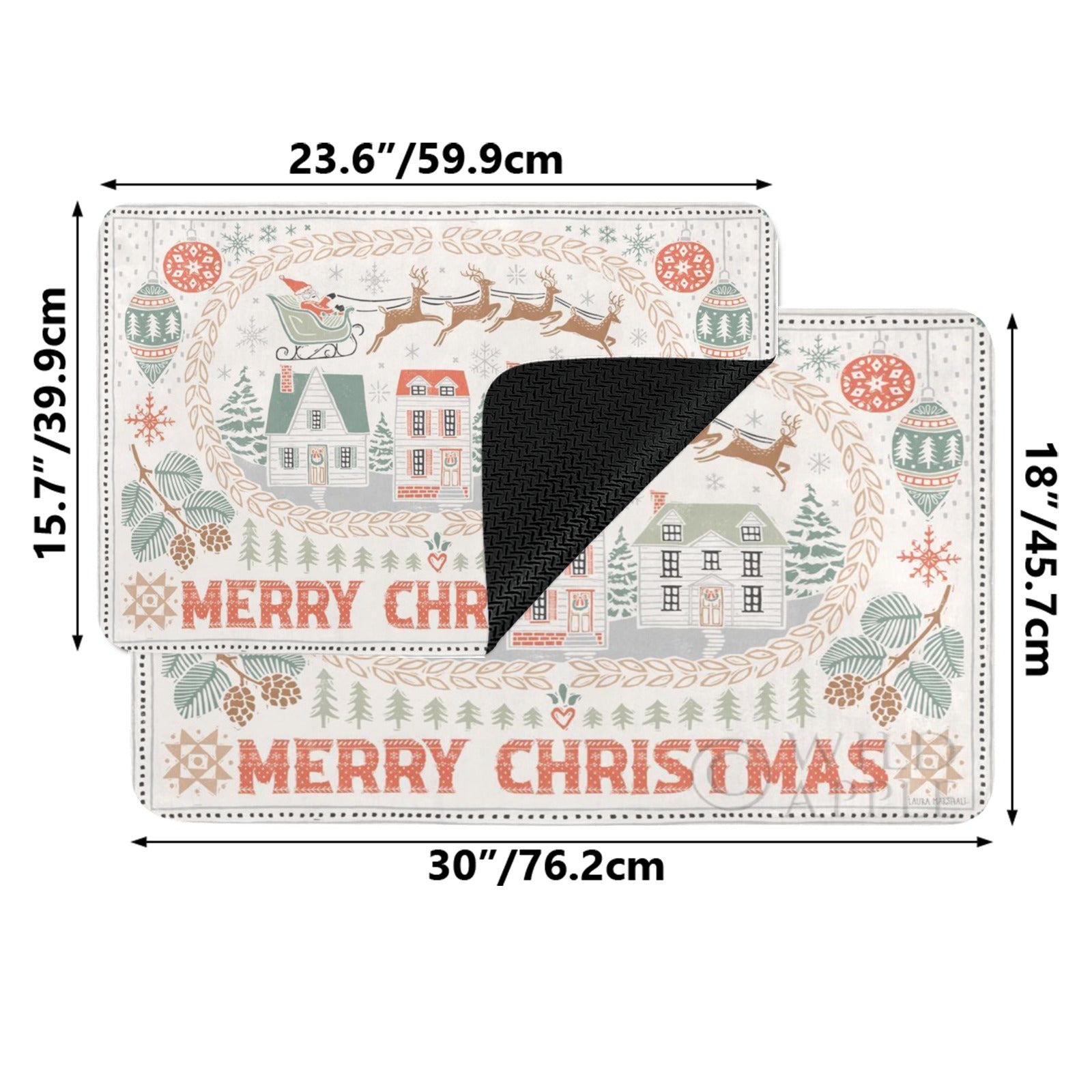 White rubber Christmas doormat with "Merry Christmas" design, Santa, reindeer, houses for indoor or outdoor use