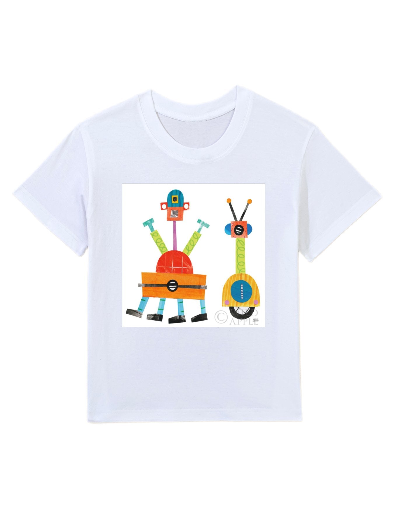 Kids' white cotton T-shirt with colorful robot design, perfect for boys and girls from MyArtsyGift.