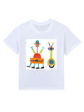 Kids' white cotton T-shirt with colorful robot design, perfect for boys and girls from MyArtsyGift.