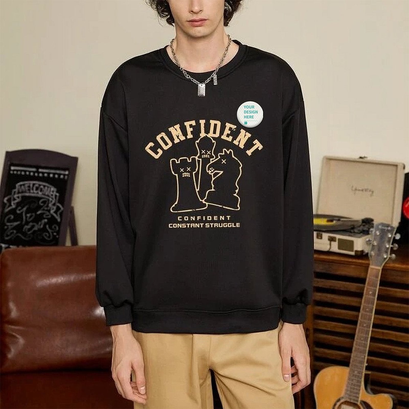 Black sweatshirt with 'CONFIDENT' graphic and customizable badge, personalized gifts available at MyArtsyGift.