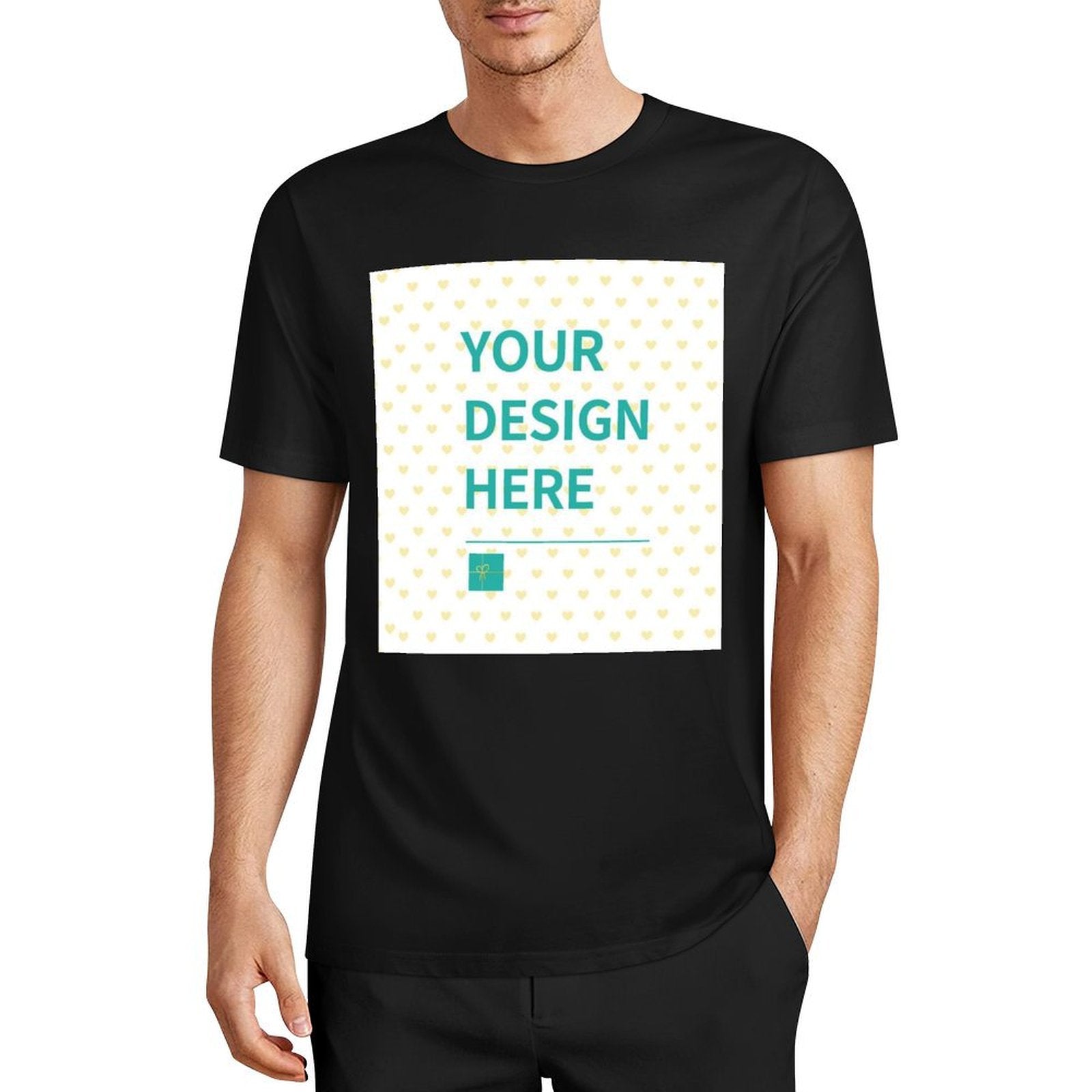 Customizable black cotton t-shirt with 'Your Design Here' text, suitable for men and women, perfect gift.