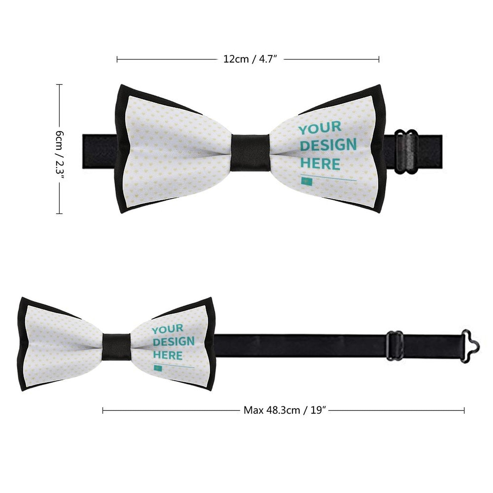 Custom polyester bow tie for men, featuring customizable design area, adjustable length, suitable for formal & casual wear.