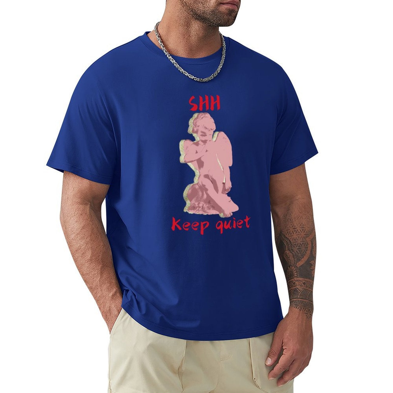 Men's blue cotton crew neck t-shirt with pink angel graphic and red 'SHH Keep quiet' text, MyArtsyGift