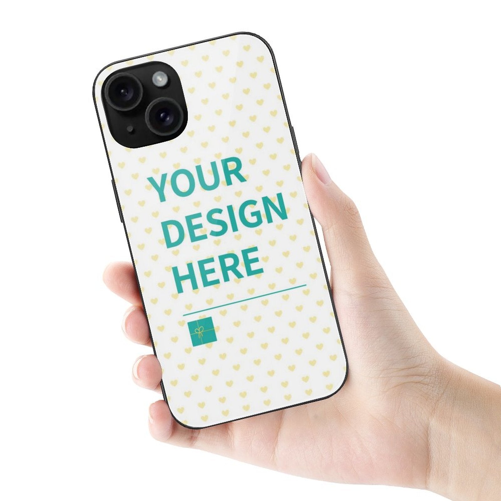 Personalized iPhone 15 case with your design, heart pattern glass cover, and TPU material