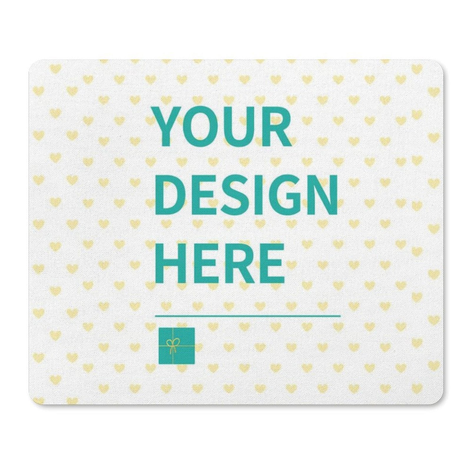 Personalized mouse pad with 'YOUR DESIGN HERE' text, heart pattern, and gift box, perfect for office or gaming