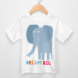 Kids' white mesh t-shirt with blue elephant graphic and Dream Big slogan. Summer casual wear.