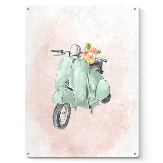 Personalized Metal Sign featuring a mint green Vespa scooter with flowers; Made in USA