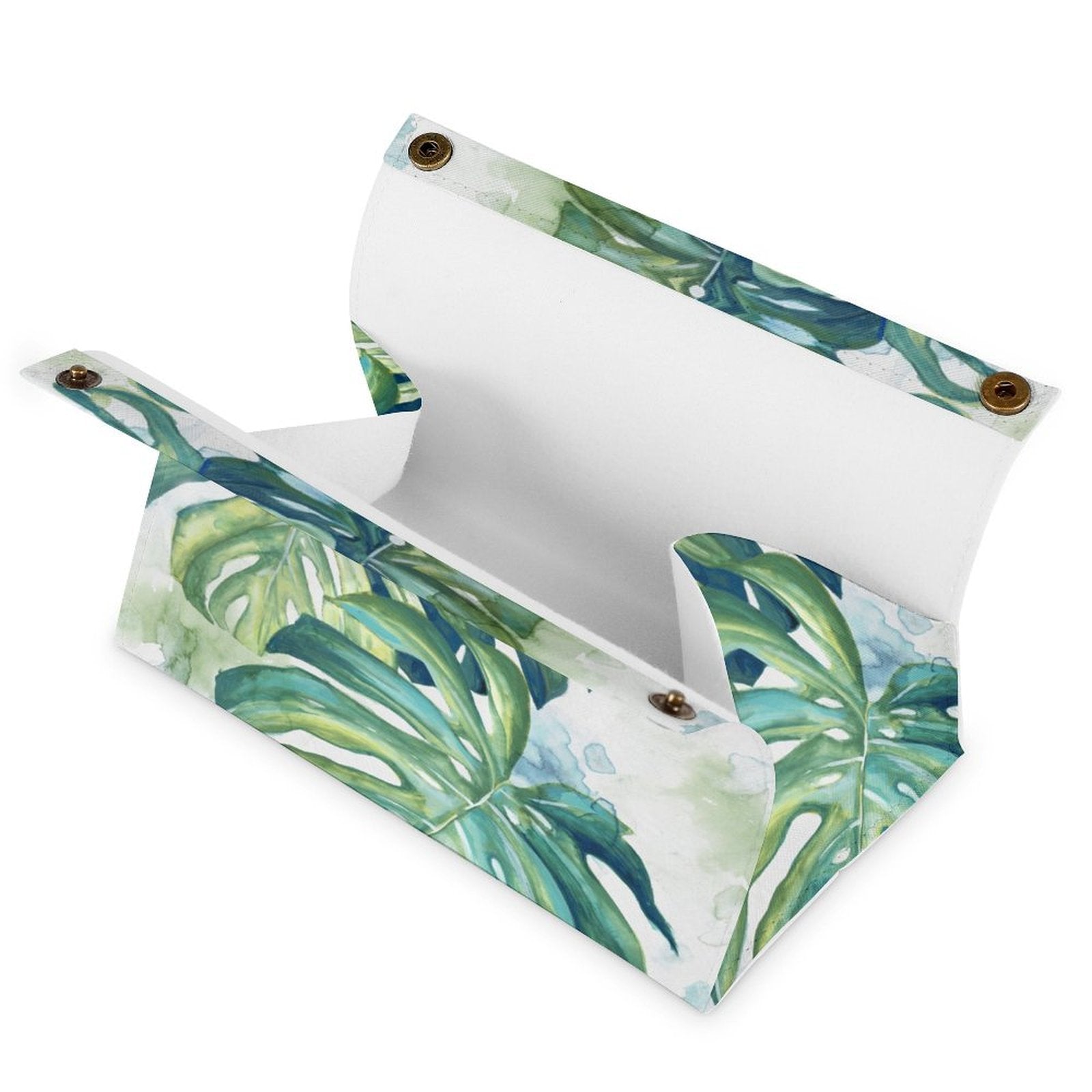 PU tissue box cover with monstera leaf print, a stylish tissue holder for home or office use.
