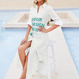 Customizable women's white shirt dress with heart pattern, 'YOUR DESIGN HERE'. Made from soft polyester and spandex blend.