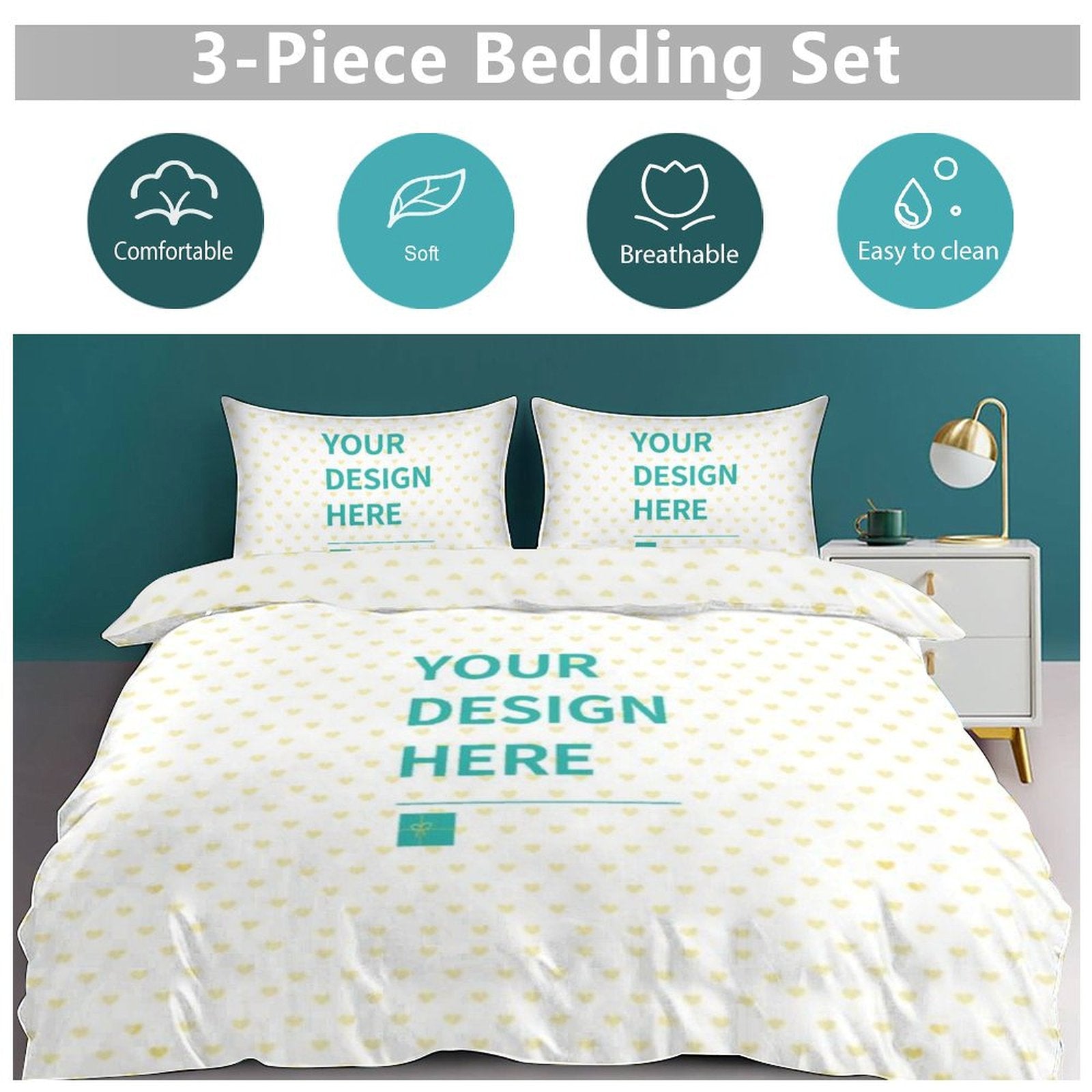 Customized 3-Piece Bedding Set featuring 'YOUR DESIGN HERE' design, soft and breathable bedding sets for family.