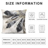 Feather design pillow cover with size information and features like high quality, soft plush material for sofa or couch.