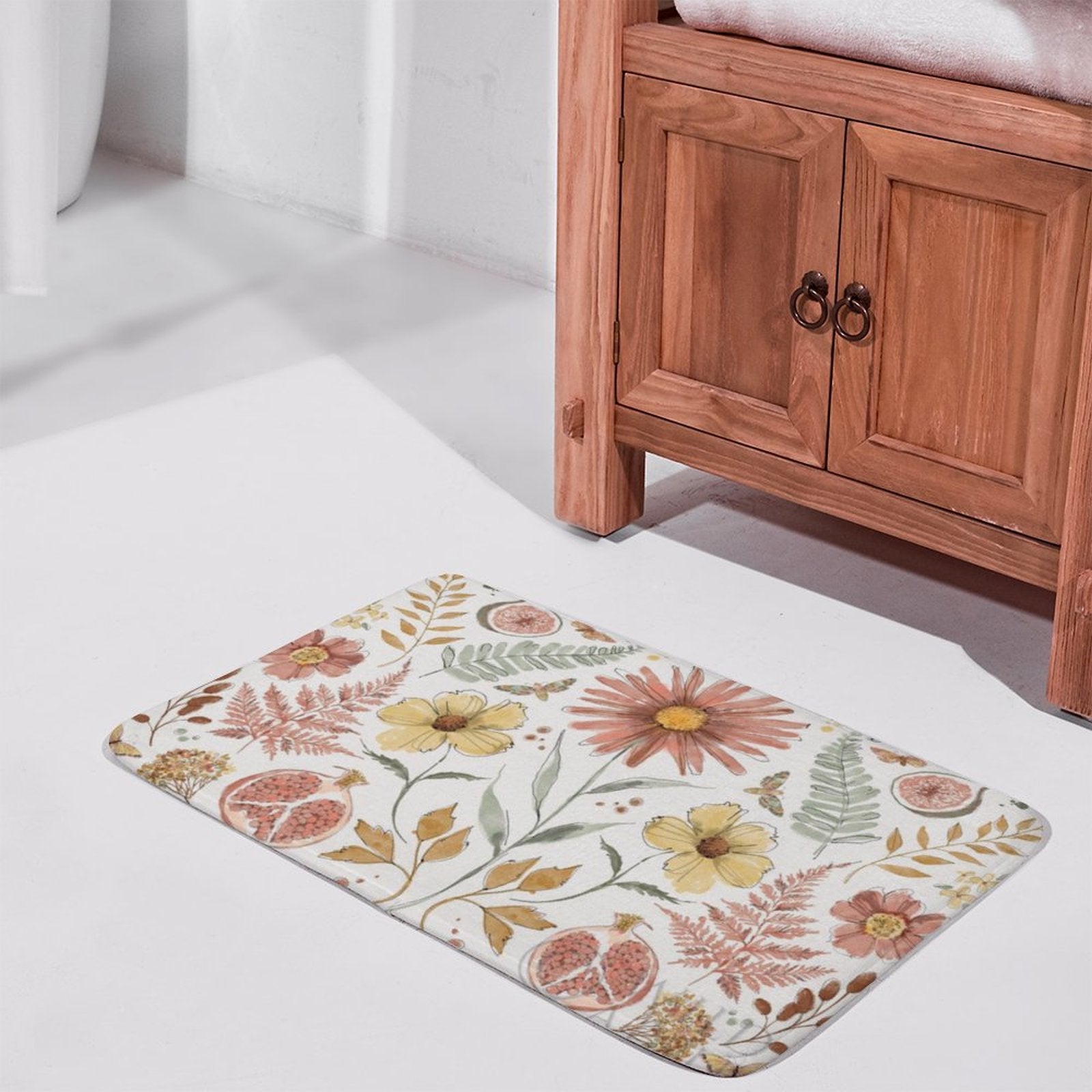 Coral velvet bath rug with watercolor floral design for bathroom, non-slip and quick-drying