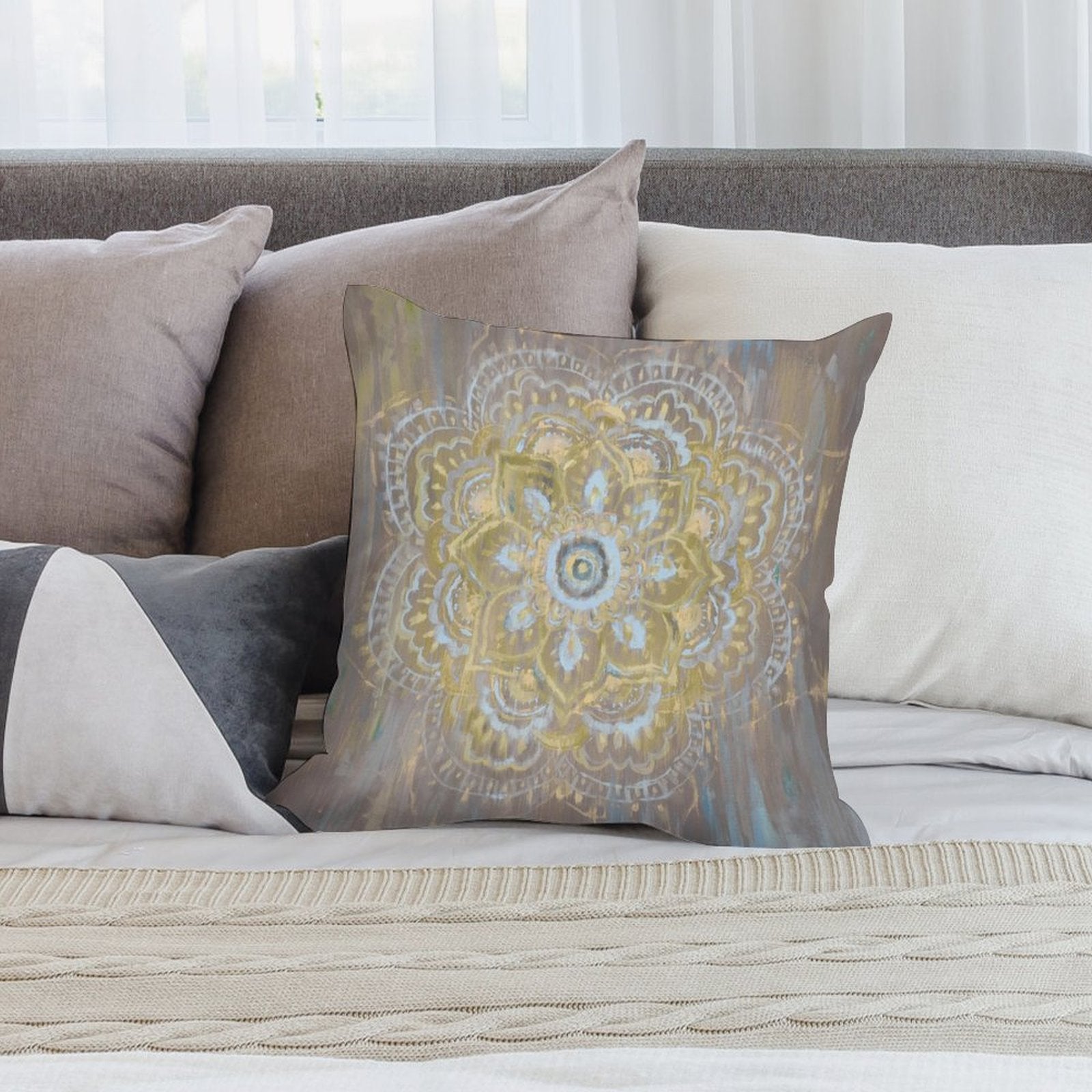 Mandala throw pillow cover, short plush fabric, gold and blue design, soft decorative pillow for sofa or couch