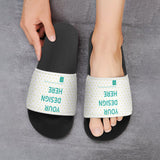 Personalized slide slippers, black sole, white strap with "YOUR DESIGN HERE" design, custom for men & women, MyArtsyGift.