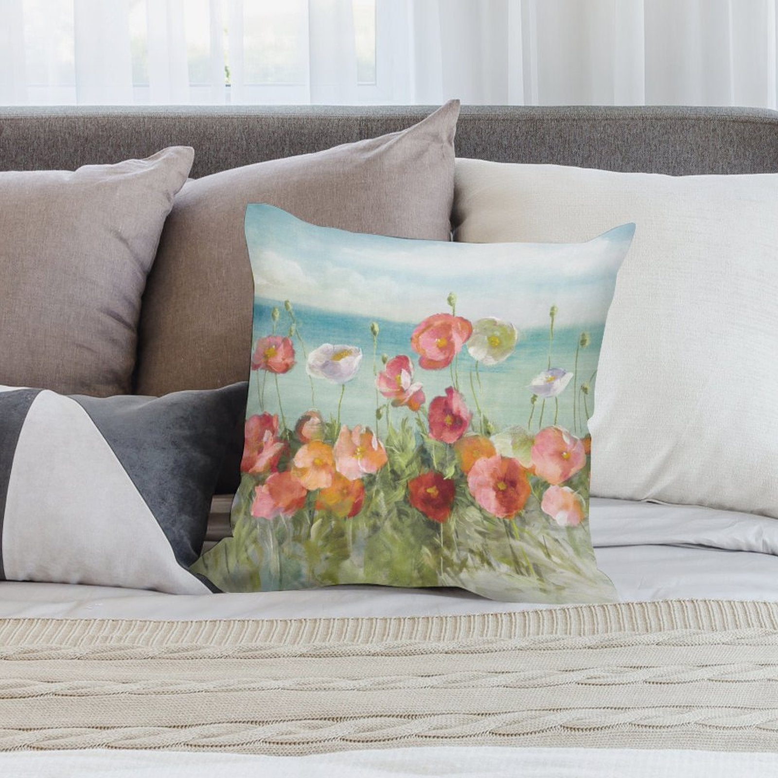Plush pillow cover with poppy floral art for sofa, couch, or living room; soft, fluffy.