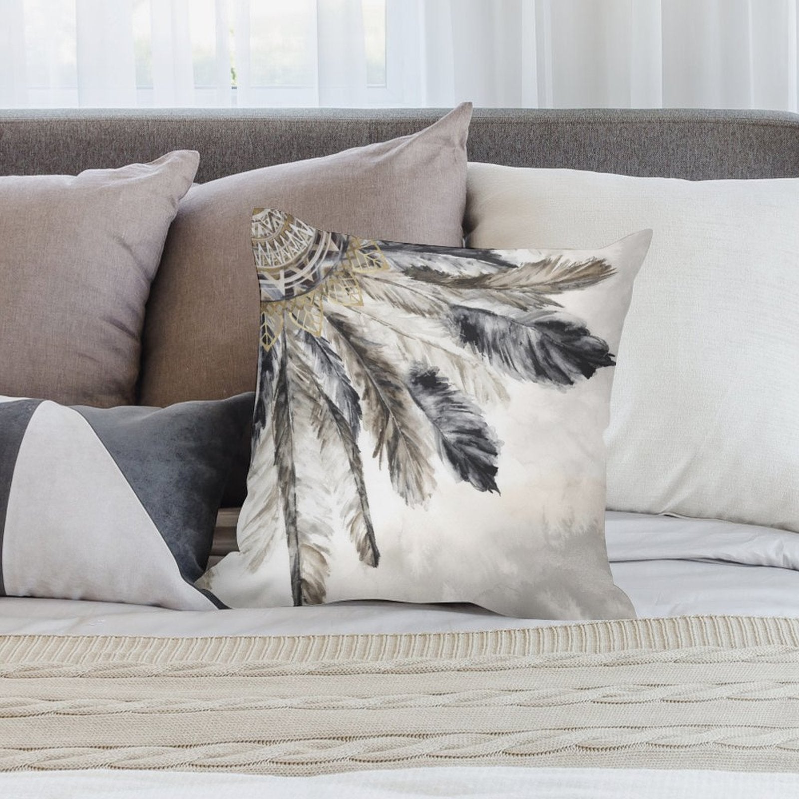 Luxury feather design plush throw pillow for sofa, couch, and living room decor.