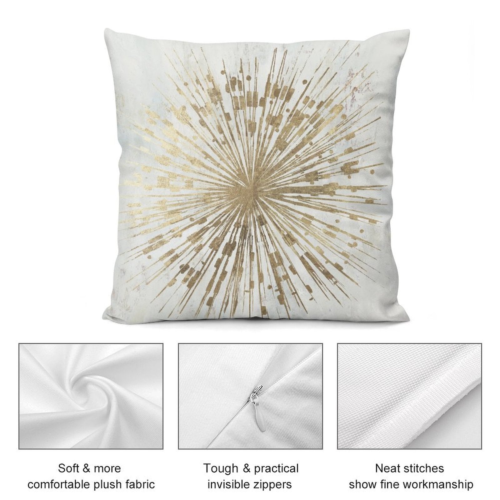 Luxury gold starburst plush pillow cover for sofa or couch decor, soft and fluffy, with details