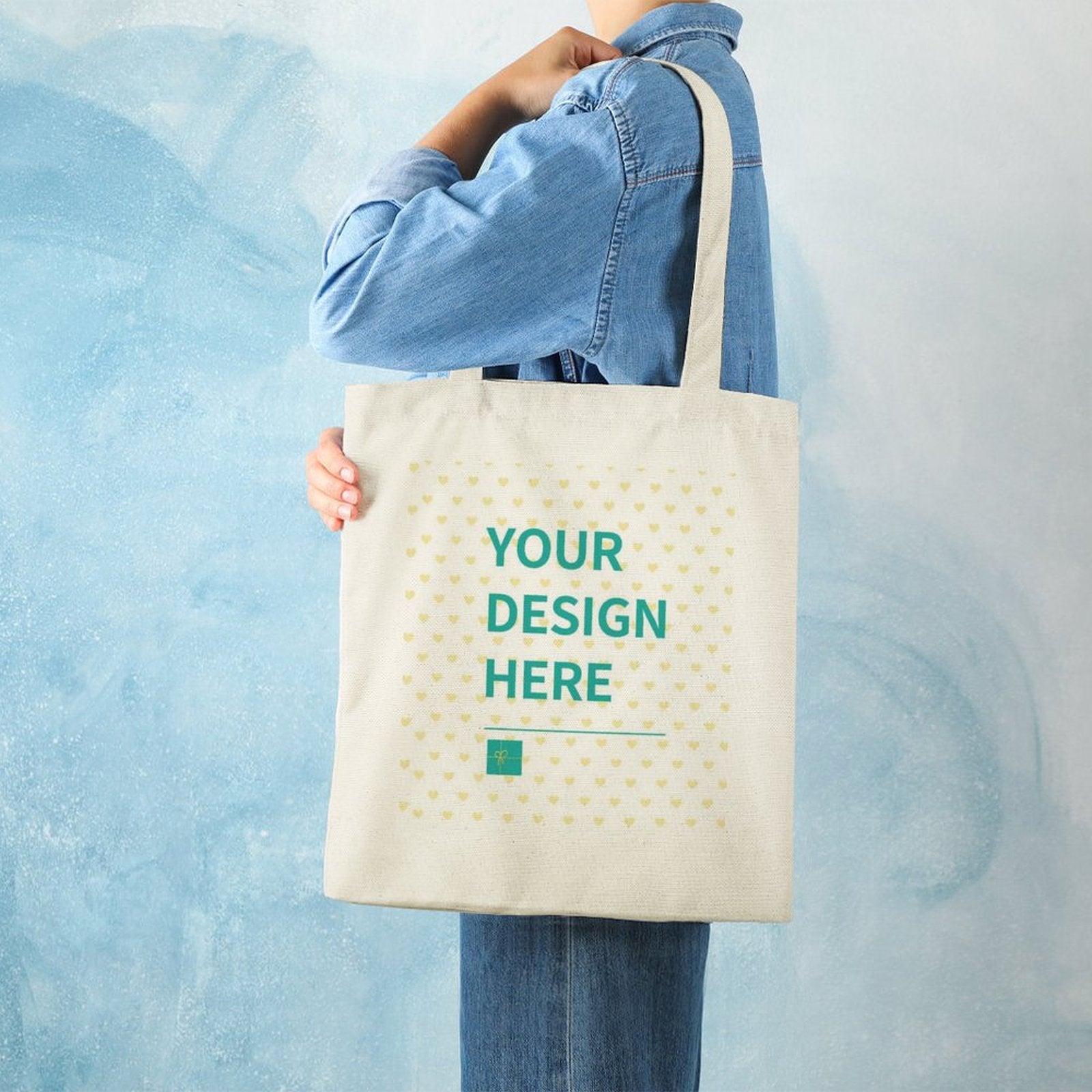 Customizable cotton tote bag with YOUR DESIGN HERE design, perfect for shopping at MyArtsyGift.