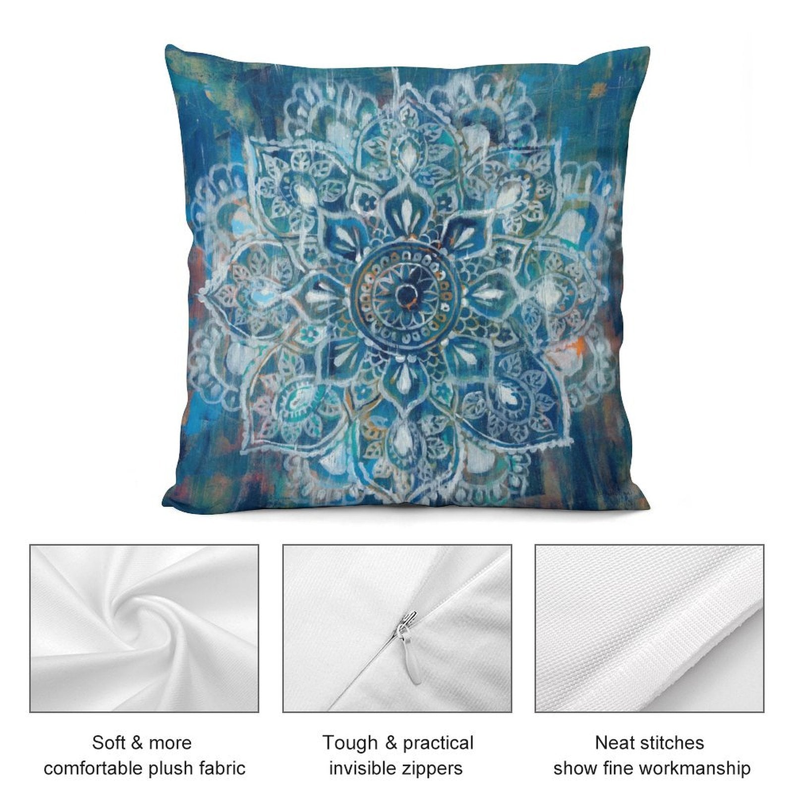 Blue mandala pillow cover with soft plush fabric, invisible zippers, and neat stitches for living room decor.