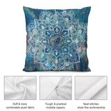 Blue mandala pillow cover with soft plush fabric, invisible zippers, and neat stitches for living room decor.