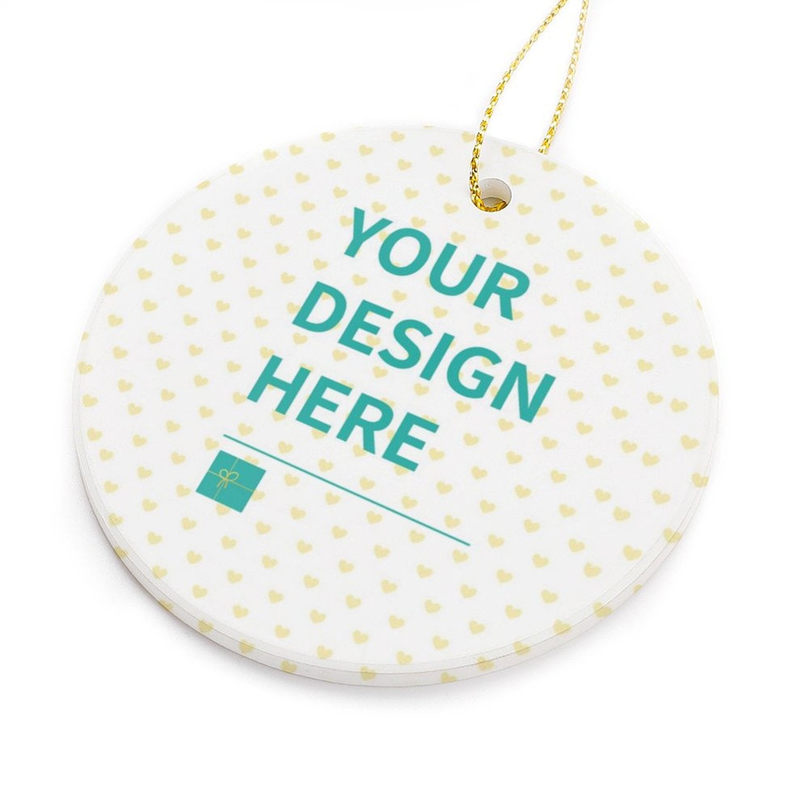 Personalized round ceramic Christmas ornament with 'Your Design Here' text and heart pattern for gifting