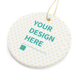 Personalized round ceramic Christmas ornament with 'Your Design Here' text and heart pattern for gifting