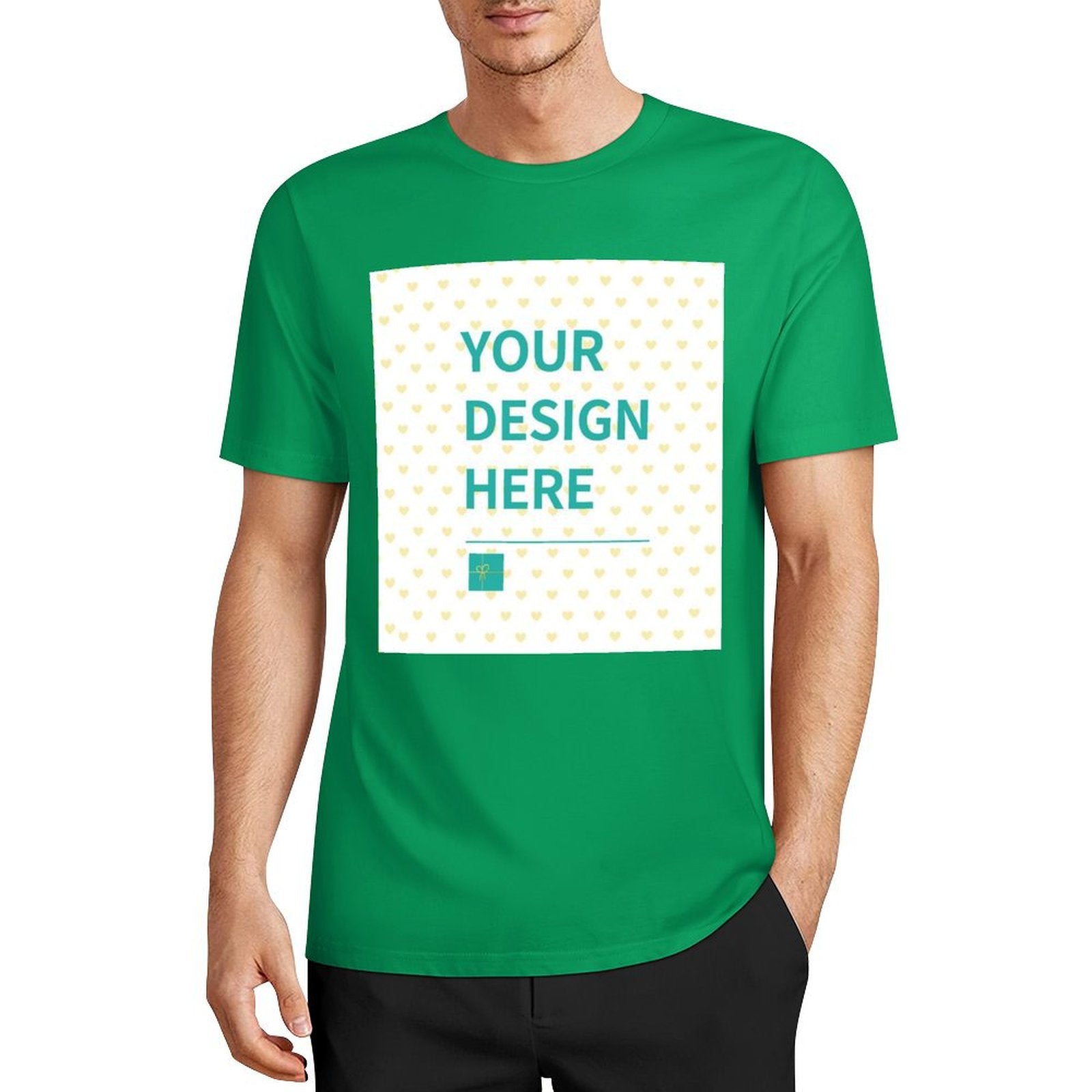 MyArtsyGift custom green t-shirt with 'YOUR DESIGN HERE' graphic, perfect for personalized gifts. 100% cotton.