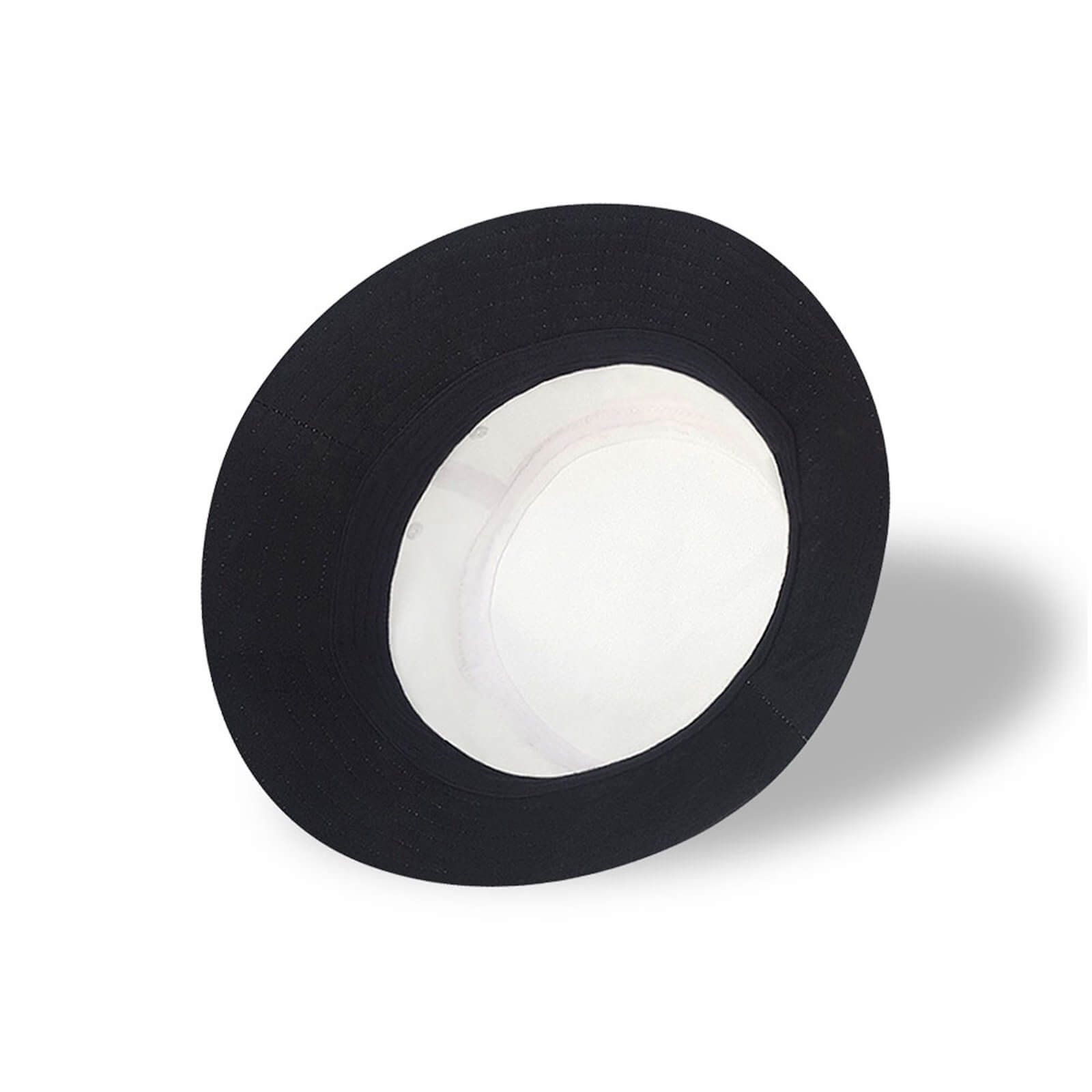 Black bucket hat interior view, white lining. Perfect for fishing, hiking, travel, or a personalized gift.