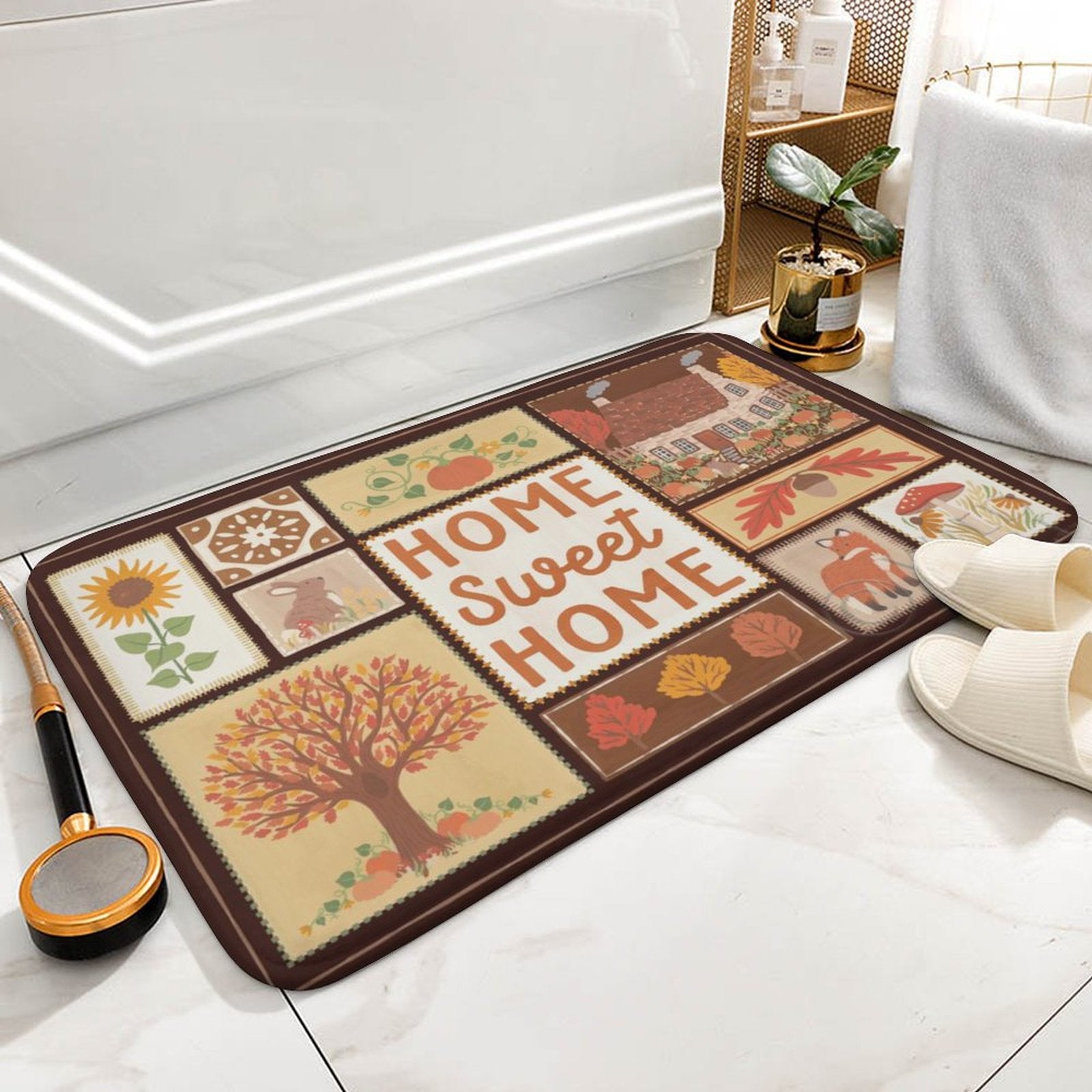 Coral velvet bath rug with 'HOME Sweet HOME' and autumn design for bathroom or kitchen, non-slip.