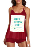 Customizable burgundy tankini swimsuit with YOUR DESIGN HERE, perfect for beaches and vacations