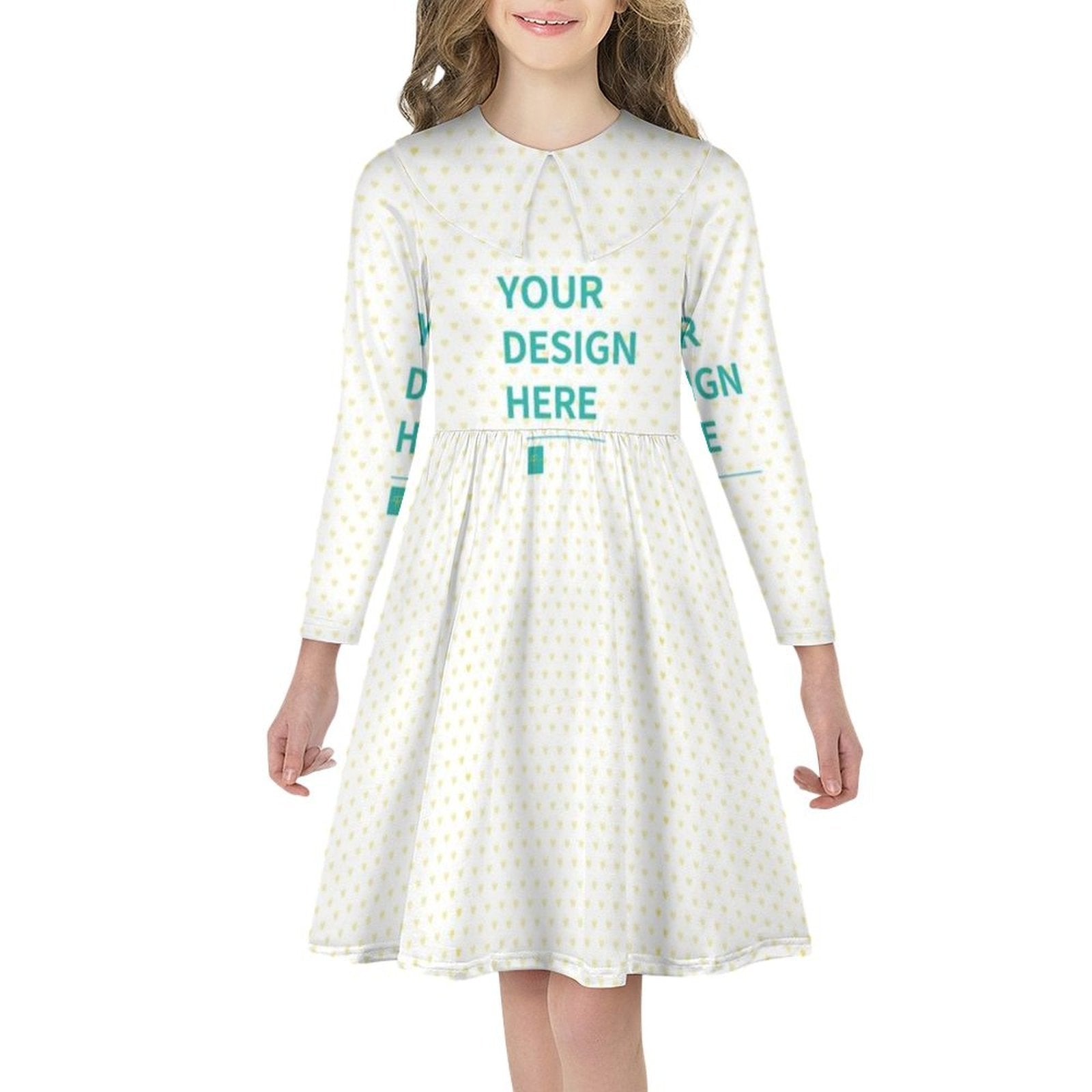 Customizable long sleeve toddler girl dress with floral print and 'Your Design Here' text, made from milk silk