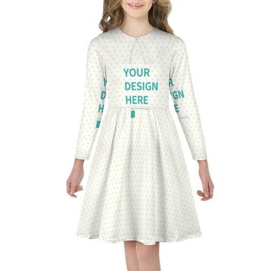 Customizable long sleeve toddler girl dress with floral print and 'Your Design Here' text, made from milk silk
