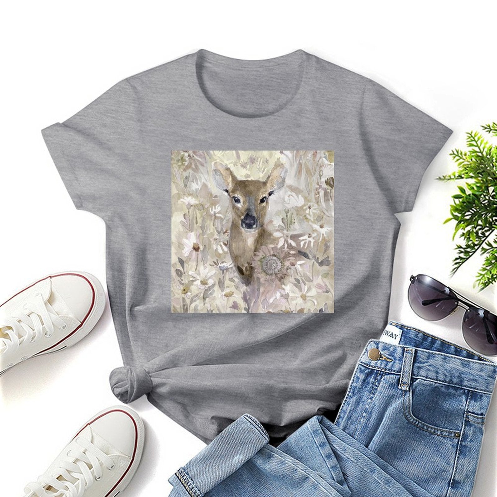 Women's grey t-shirt with deer graphic print, short sleeve crewneck tee, casual wear