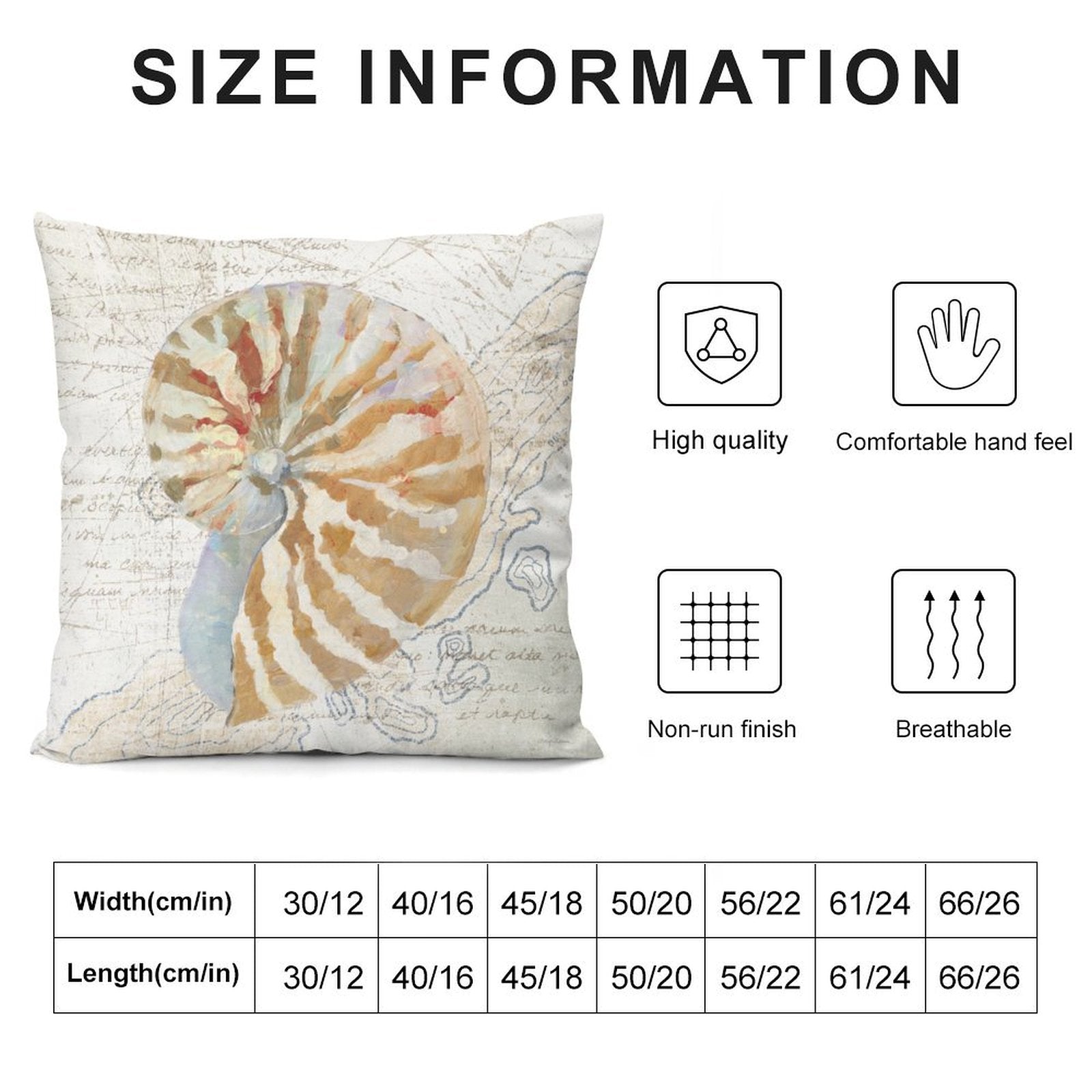 Soft plush throw pillow cover with nautilus shell design, for sofa and living room, size info included.