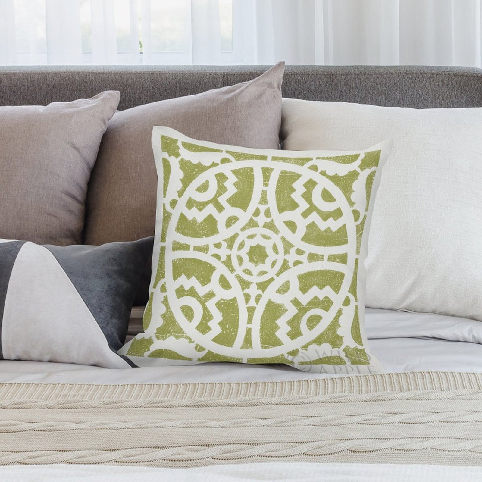 Green and white geometric pattern plush throw pillow cover on bed, for sofa or couch, MyArtsyGift