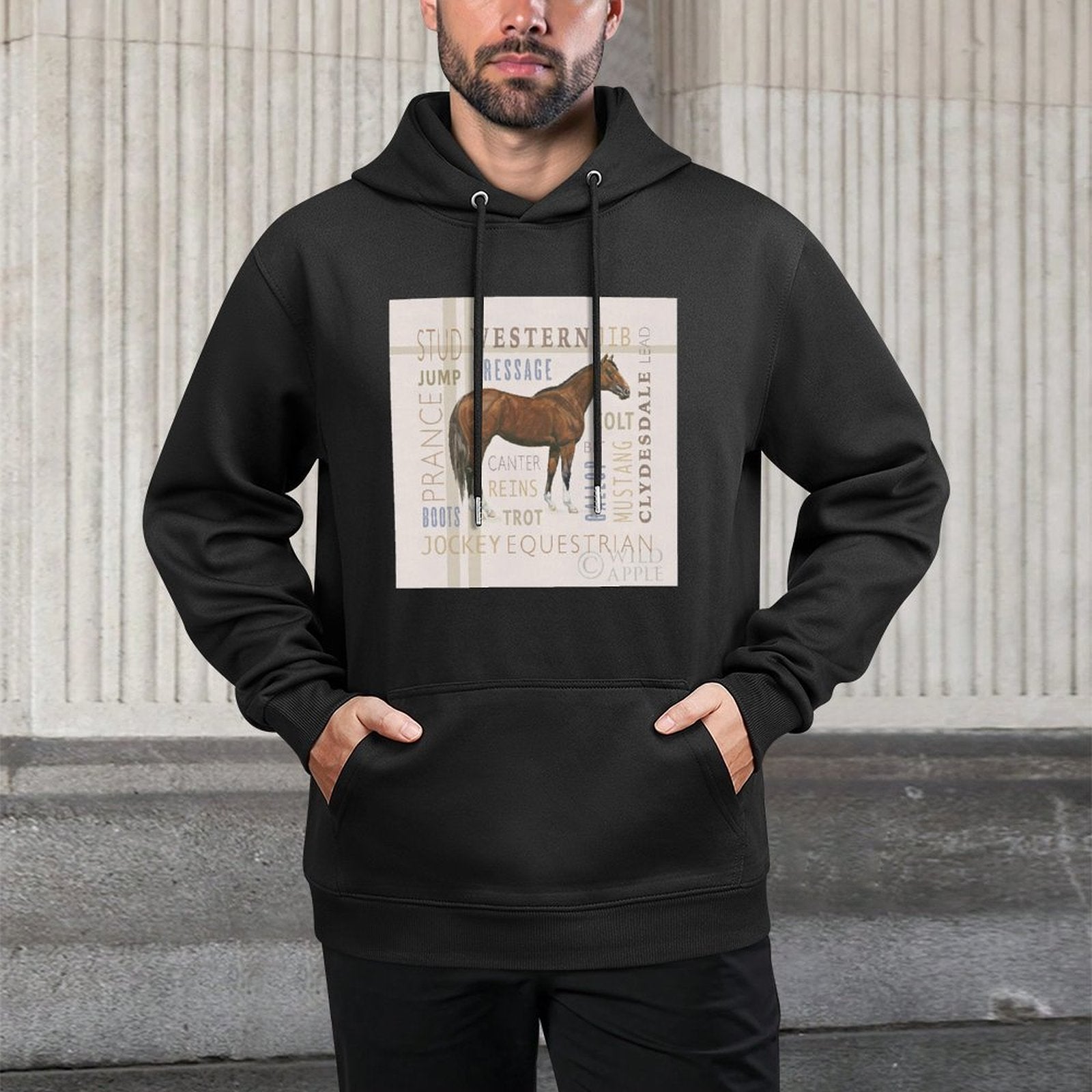 Men's black hooded sweatshirt with horse graphic, equestrian terms, comfortable fit