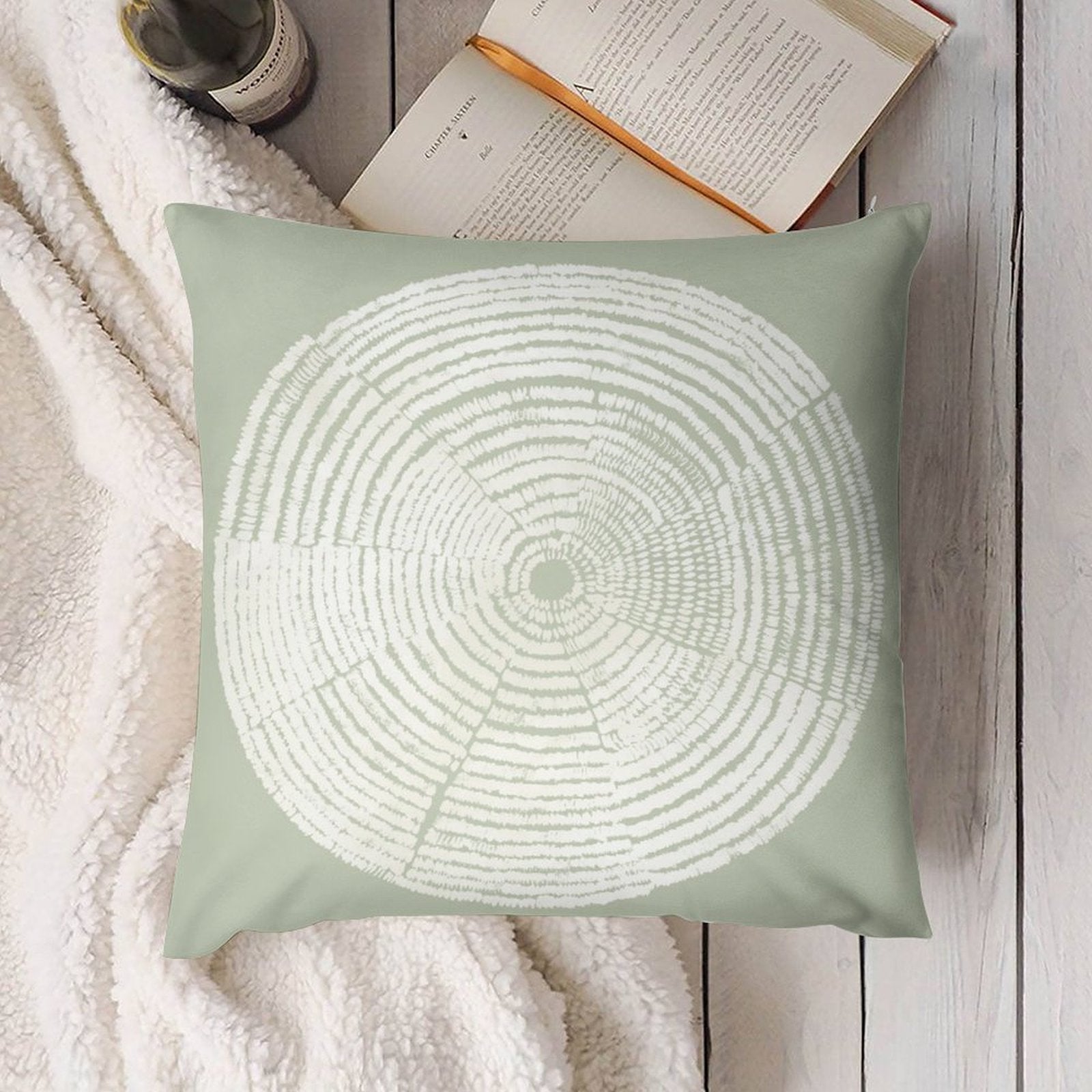 Luxury soft fluffy pillow cover with tree ring design in light green. Decorative pillow for sofa or couch.