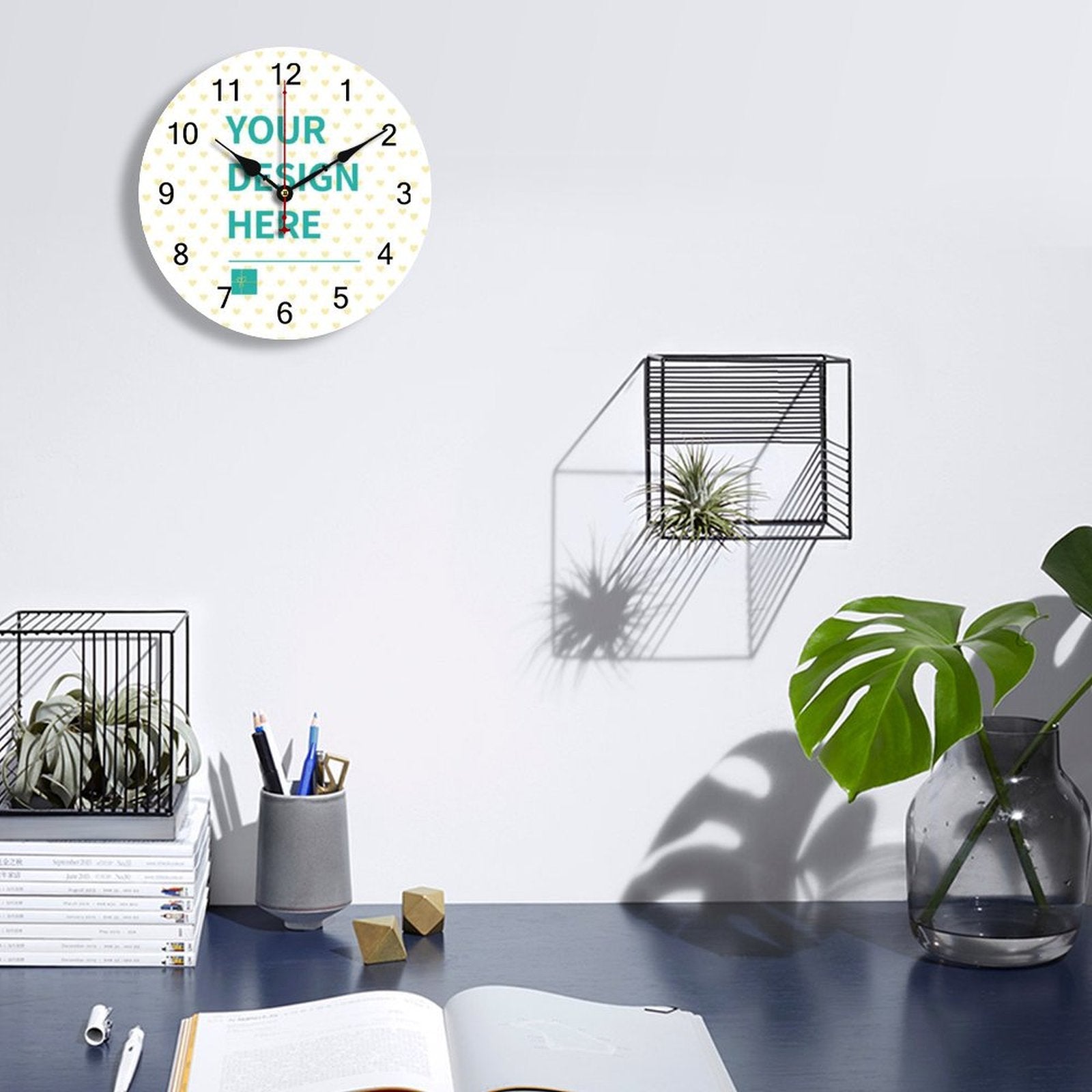 Personalized PVC Round Silent Photo Clock with custom design, white clock with heart pattern, creative gifts