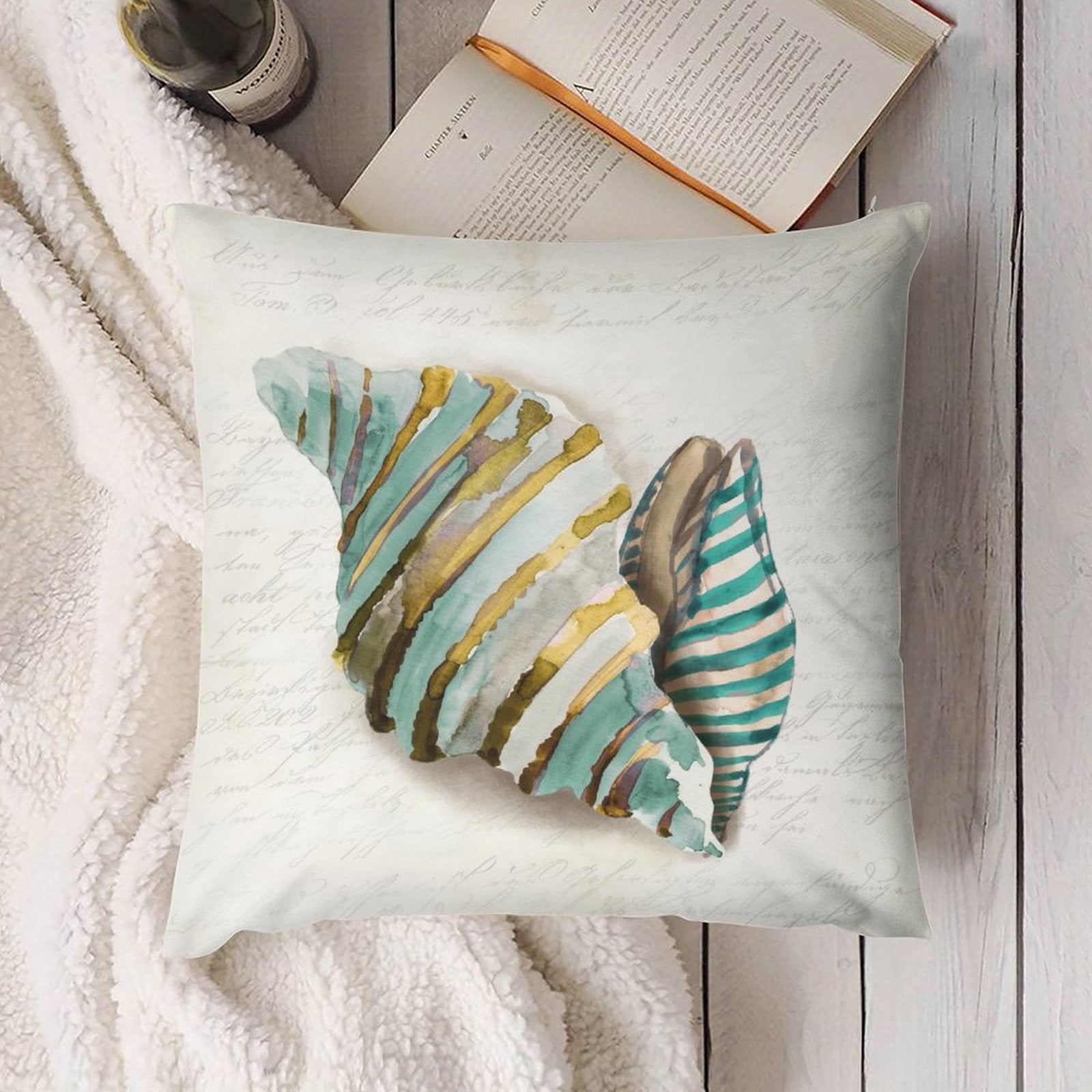 Soft plush pillow cover with seashell design, perfect for sofa and living room decoration.