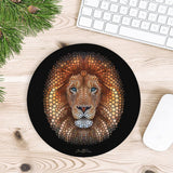 Round mouse pad with mosaic lion art, non-slip base, office and home use. Artist signature.
