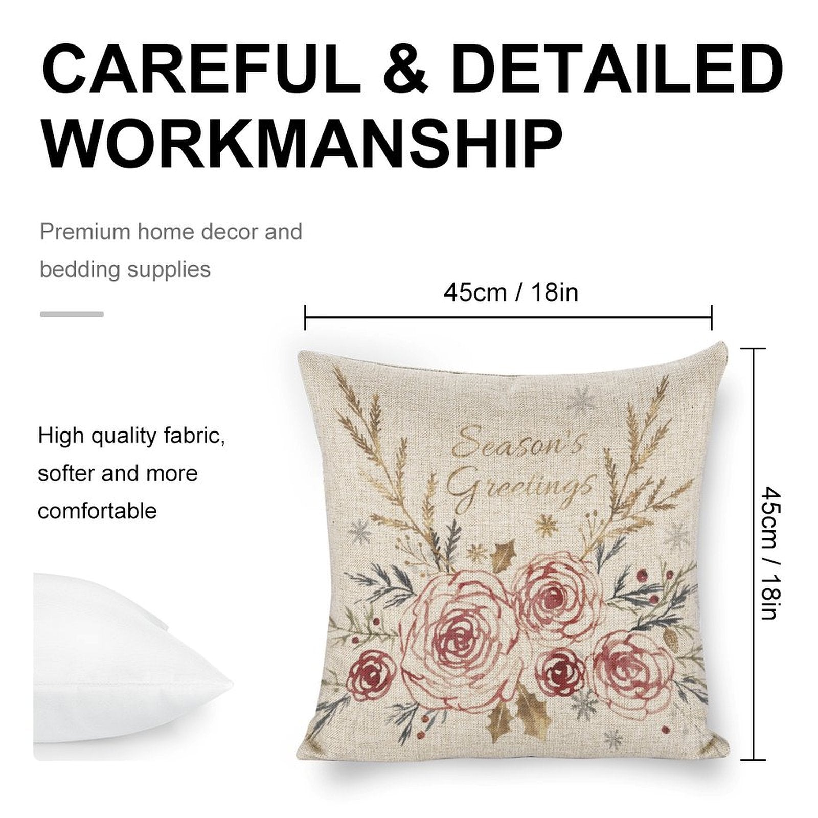 Christmas pillow cover with floral design and linen material, featuring 'Season's Greetings' text